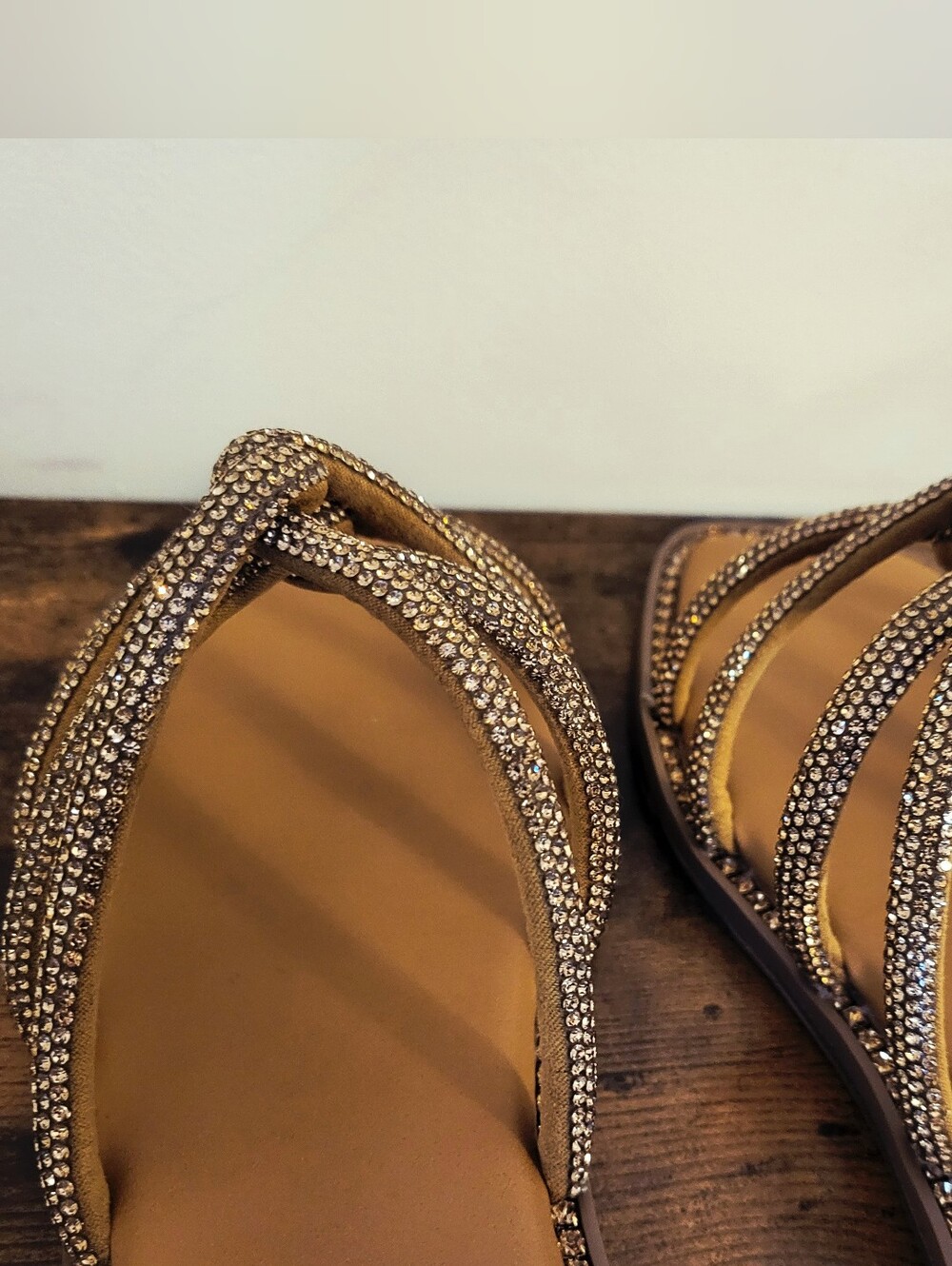 Steve Madden Gold Rhinestone Strappy Slide Sandals - Picture 7 of 11